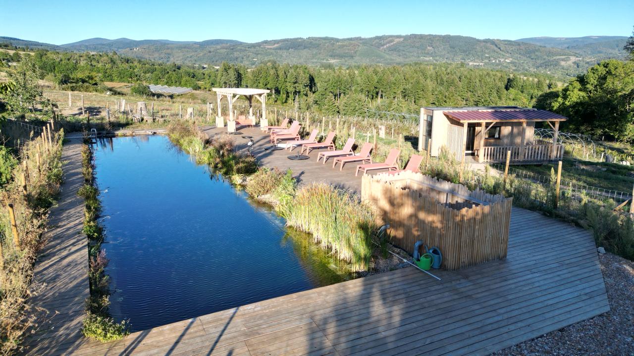 Vue aérienne de la piscine naturelle, de sa terrasse en bois et de la cabane de plain-pied